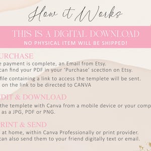 Puede incluir: Gr&aacute;fico de descarga digital con instrucciones sobre c&oacute;mo acceder y utilizar el producto. El texto incluye los pasos para la compra, edici&oacute;n e impresi&oacute;n. El fondo es de un color suave y neutro con acentos de hojas decorativas y cuadros de texto rosas.