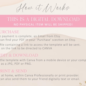 May include: A pink and beige graphic with the text "How it Works" and "This is a digital download. No physical item will be shipped!"  The graphic also includes instructions for purchasing, editing, and printing a digital template.