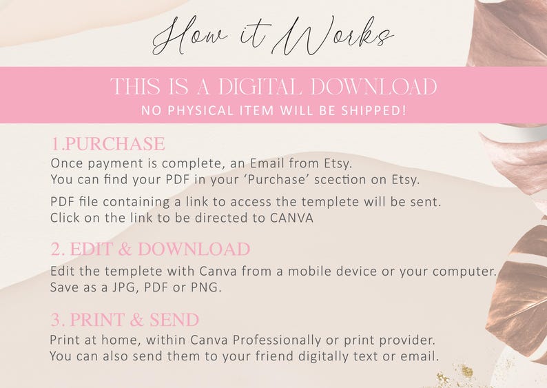 May include: A pink and beige graphic with the text "How it Works" and "This is a digital download. No physical item will be shipped!"  The graphic also includes instructions for purchasing, editing, and printing a digital template.