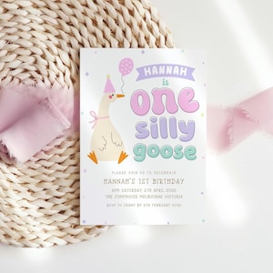 One Silly Goose Birthday Invitation, Editable 1st Birthday Girl Pink Birthday Invite Template, Goose First Birthday Invite Theme Digital