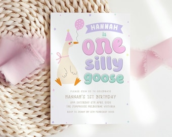 One Silly Goose Birthday Invitation, Editable 1st Birthday Girl Pink Birthday Invite Template, Goose First Birthday Invite Theme Digital