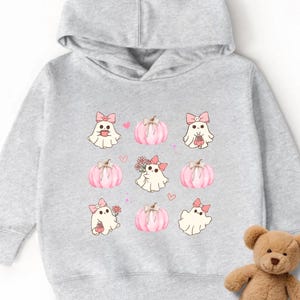 Coquette Halloween Toddler Pullover Fleece Hoodie for Girls Kids Coquette Pink Bow Ghost Shirt, Kids Halloween Hooded Sweatshirt Crewneck