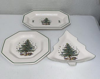 VTG Nikko Christmastime Vegetable Serving Platters Octagon Christmas Tree Set 3