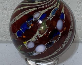 Vintage Hand Blown Handpainted Art Glass Globe Orb Paperweight Signed Large 5.5”