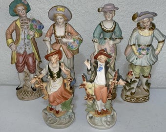 VTG Occupied Japan Porcelain Figurine Lot 3 Couples Colonial Farmers Bisque RARE