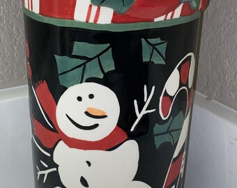 Nicole Engblom Large Ceramic Art Hand Painted Christmas Vase Snowman Gingerbread
