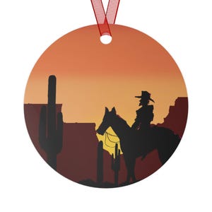 Décorations de cow-boy coucher de soleil en métal, décoration rustique des fêtes, souvenirs de Noël de style occidental, cadeau unique pour les amateurs de chevaux, décoration sur le thème des cow-boys