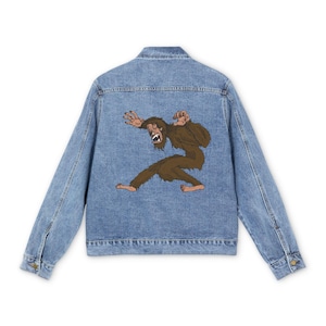Berserker Bigfoot-illustration Jeansjacka | Retro Sasquatch-konstverk, rygglapp