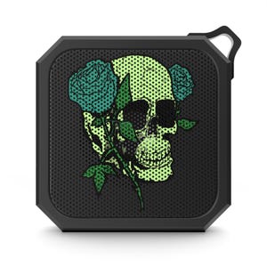 Altavoz Bluetooth con calavera verde y rosas, música para exteriores, regalo para aventureros, equipo de camping, decoración única