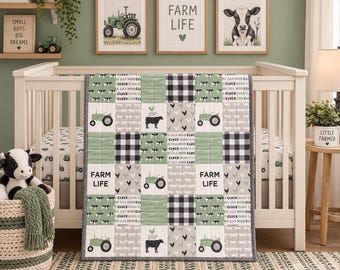 Personalized Tractor Baby Quilt, Farm Animal Nursery Crib Blanket