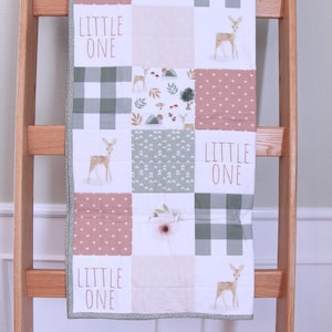 Pink Baby Girl Quilt Gift, Personalized Deer Toddler Blanket