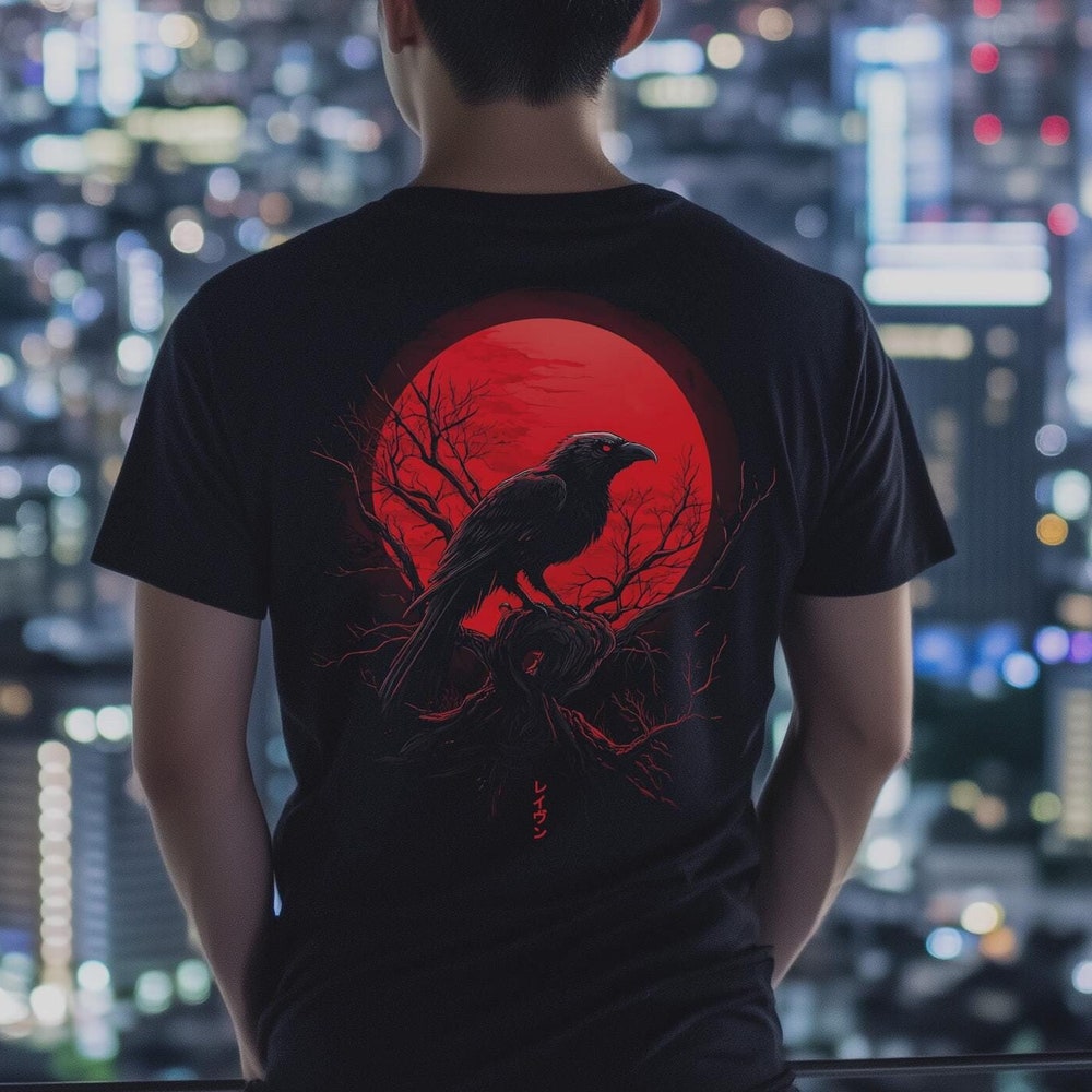 Japanese Tshirt "Dark Raven" Art Black Anime Streetwear Oni Yokai Nature Vintage Goth Tree Moon Unisex Men Women Clothing Gift Theteepulse