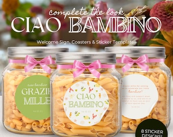 Ciao Bambino Party Pack | Welcome Sign, Coasters & Stickers | Italian-Inspired Event Templates