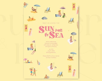 021 Where the Sun Meets the Sea Birthday Invitation Template | Beach Party Invite | Coastal Summer Birthday | Editable Canva Template