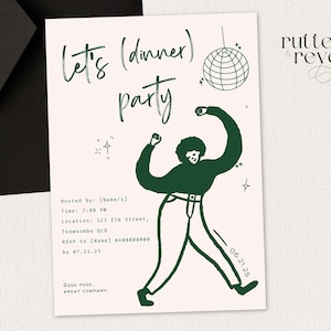 Invitación 013 para una cena romántica: invitación de discoteca con estilo / Plantilla editable de Canva / Ilustraciones dibujadas a mano / Tarjeta imprimible para evento nocturno