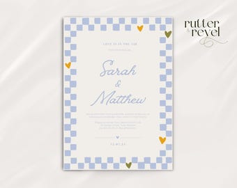Modern Blue Checkered Invitation with Hearts | Customizable Template #I004