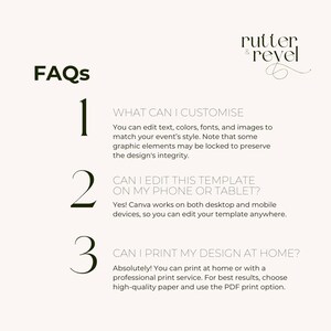 May include: FAQs about customizing, editing, and printing designs. The text reads "What can I customize?", "Can I edit this template on my phone or tablet?", and "Can I print my design at home?"