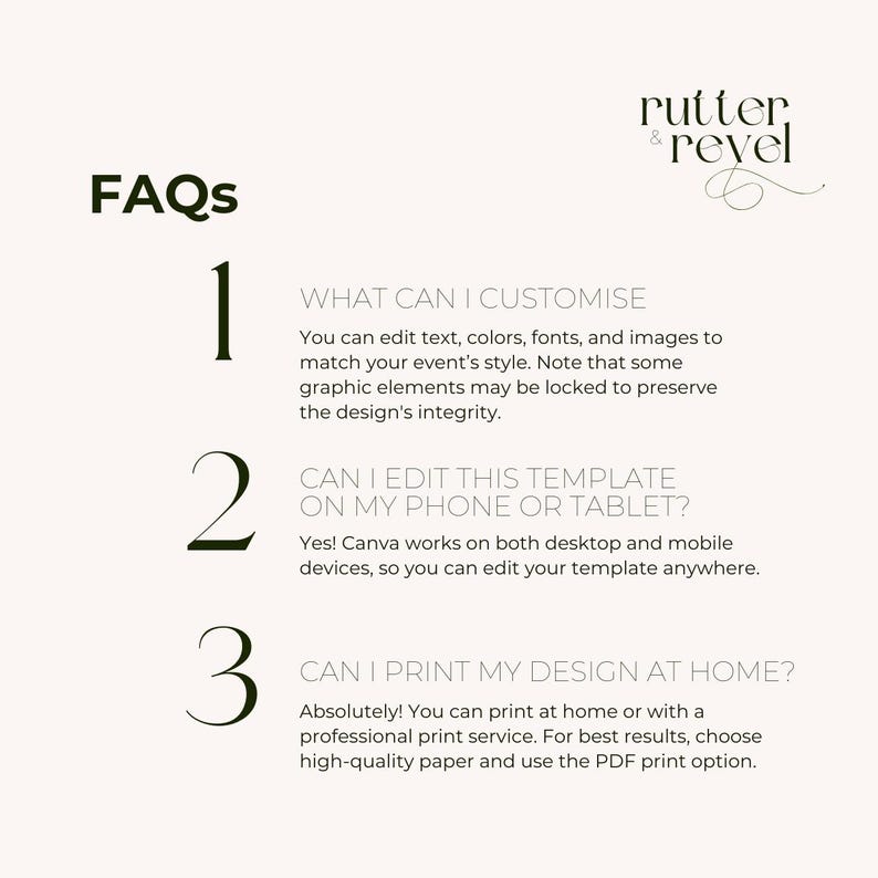 May include: FAQs about customizing, editing, and printing designs. The text reads "What can I customize?", "Can I edit this template on my phone or tablet?", and "Can I print my design at home?"