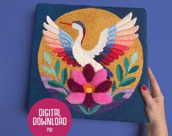 Crane Punch Needle Pattern | Embroidery Template | Pillow Pattern| Digital PDF File | Instant Download DIY Needlework | Bird Pattern