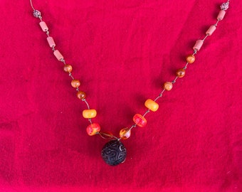 Amber, Glass, & Wood Beads With Carved Walnut Pendent (Drum Adornment)