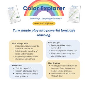 Könnte beinhalten: Ein digitaler Bildungsleitfaden mit dem Titel Color Explorer TalkWays Language Guides für 1- bis 3-Jährige. Die Grafik zeigt einen Regenbogen, zwei Beispielseiten und Text, der die Vorteile, den Inhalt und die Anleitungen beschreibt.