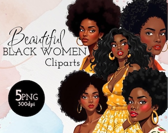 May include: Digital clipart set of five illustrations of Black women with different hairstyles and clothing. The women are depicted with brown skin, large eyes, and full lips. The illustrations are in a cartoon style and are suitable for use in digital projects.