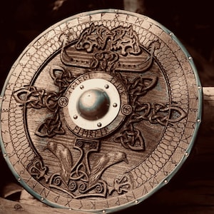 Custom Carved Wooden Viking Shield: Ravens, Runes, Cosplay