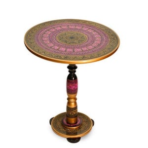 Handmade MDF Wood Naqashi Table | Lacquered Wooden Decor | 19 inches Height | 16 inches Diameter | Unique Handcrafted Home Table