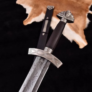 Hand Forged Damascus Steel Viking Sword with Leather Scabbard