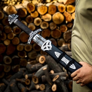 Hand Forged Damascus Steel Viking Sword with Leather Scabbard