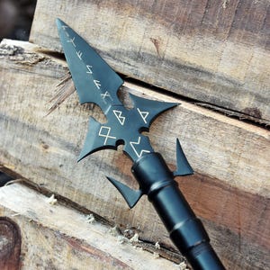 Hand-Forged Blackened Steel Viking Spear: Engraved Norse Runes, LARP Cosplay