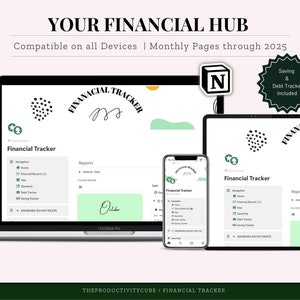 May include: A digital illustration of a laptop, tablet, and smartphone displaying a financial tracker app. The app has a green and black colour scheme and features a calendar, reports, and a savings tracker. The text "YOUR FINANCIAL HUB" is displayed at the top of the image.