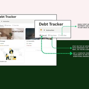 May include: A screenshot of a debt tracker app with a green background. The app features a list of debts, including a mortgage, an automobile, and a student loan. The app also has a feature that allows users to easily spot any overdue payments and make a plan to get back on track. The app also has a feature that allows users to stay on top of upcoming payments with reminders for what's due next, so they're always ahead. The app also has a feature that allows users to get a complete overview of all their debts in one place, keeping everything organised and clear.