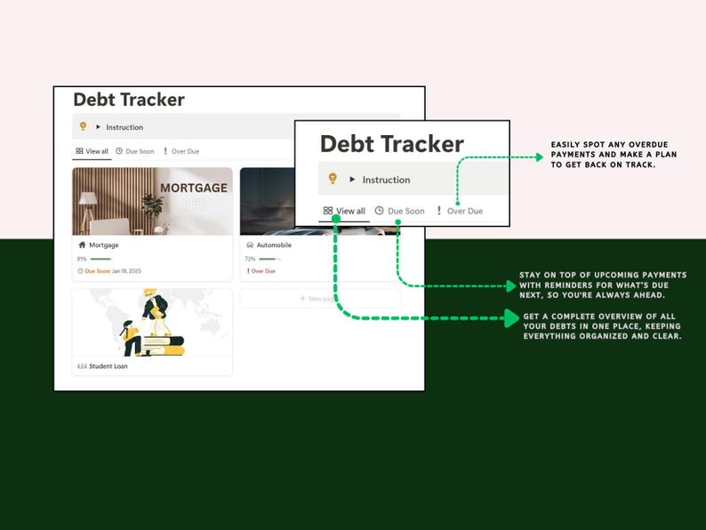 May include: A screenshot of a debt tracker app with a green background. The app features a list of debts, including a mortgage, an automobile, and a student loan. The app also has a feature that allows users to easily spot any overdue payments and make a plan to get back on track. The app also has a feature that allows users to stay on top of upcoming payments with reminders for what's due next, so they're always ahead. The app also has a feature that allows users to get a complete overview of all their debts in one place, keeping everything organised and clear.