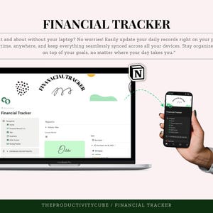 May include: A laptop screen displaying a financial tracker app with a green and white colour scheme. The app is open to a page titled "Financial Tracker" with a navigation menu on the left and a reports section on the right. The laptop is connected to a smartphone displaying the same app, indicating that the app is synced across devices. The text "FINANCIAL TRACKER" is displayed at the top of the image.