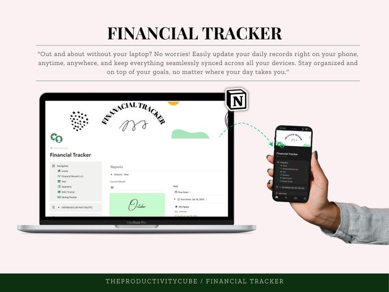 May include: A laptop screen displaying a financial tracker app with a green and white colour scheme. The app is open to a page titled "Financial Tracker" with a navigation menu on the left and a reports section on the right. The laptop is connected to a smartphone displaying the same app, indicating that the app is synced across devices. The text "FINANCIAL TRACKER" is displayed at the top of the image.