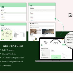 May include: A laptop computer screen displaying a financial tracker spreadsheet with tabs for "Debt Tracker", "Saving Tracker", "Quarterly", and "Year". The spreadsheet is organised with columns for "Month", "Income", "Expenses", and "Balance". The laptop is on a green background with a white text overlay that reads "KEY FEATURES" and lists the features of the spreadsheet: "Debt Tracker", "Saving Tracker", "Quarterly Categorization", "Yearly Categorization", and "Databases".