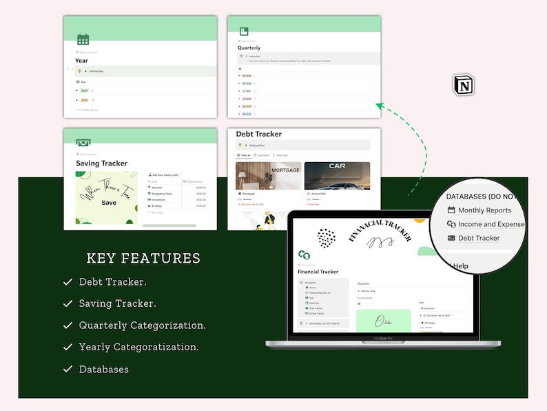 May include: A laptop computer screen displaying a financial tracker spreadsheet with tabs for "Debt Tracker", "Saving Tracker", "Quarterly", and "Year". The spreadsheet is organised with columns for "Month", "Income", "Expenses", and "Balance". The laptop is on a green background with a white text overlay that reads "KEY FEATURES" and lists the features of the spreadsheet: "Debt Tracker", "Saving Tracker", "Quarterly Categorization", "Yearly Categorization", and "Databases".