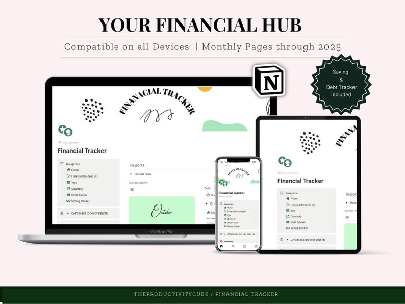 May include: A digital illustration of a laptop, tablet, and smartphone displaying a financial tracker app. The app has a green and black colour scheme and features a calendar, reports, and a savings tracker. The text "YOUR FINANCIAL HUB" is displayed at the top of the image.