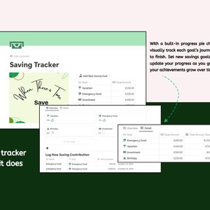 May include: A screenshot of a website displaying a savings tracker app. The app has a green and white colour scheme and includes a pie chart to visually track savings goals. The text "When There's Time Save" is shown on the screen.