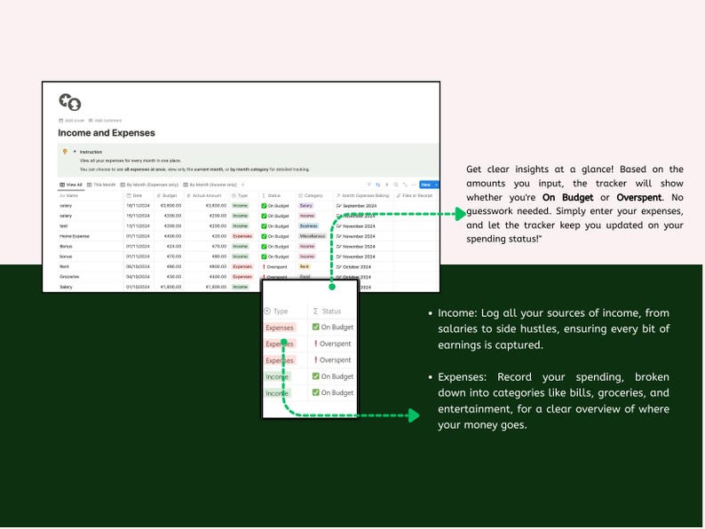 May include: A screenshot of a spreadsheet showing income and expenses with a green, red, and white colour scheme. The spreadsheet shows the amount of income and expenses, the date, and the status of each item, which is either "On Budget" or "Overspent". The text "Income and Expenses" is at the top of the spreadsheet. The text "Get clear insights at a glance! Based on the amounts you input, the tracker will show whether you're On Budget or Overspent. No guesswork needed. Simply enter your expenses, and let the tracker keep you updated on your spending status!" is on the right side of the image. The text "Income: Log all your sources of income, from salaries to side hustles, ensuring every bit of earnings is captured." is below the image. The text "Expenses: Record your spending, broken down into categories like bills, groceries, and entertainment, for a clear overview of where your money goes." is below the text "Income: Log all your sources of income, from salaries to side hustles, ensuring every bit of earnings is captured."