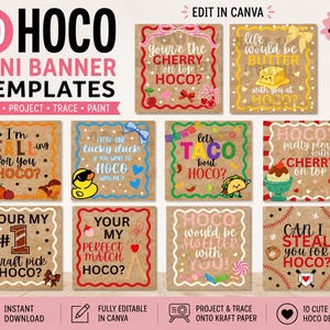 Könnte beinhalten: Zehn quadratische Mini-Banner-Vorlagen mit Kraftpapier-Hintergrund, verschiedenen bunten Illustrationen und Texten für Homecoming-Anträge, darunter Phrasen wie you're the cherry on top HOCO, life would be butter und can I steal you for HOCO.