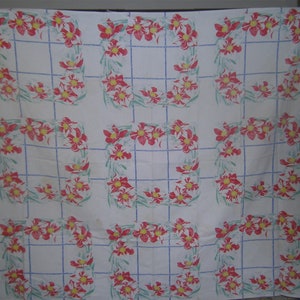 1950s PRINT KITCHEN TABLECLOTH - Orange Cosmos on Blue Squares