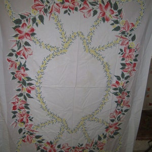 1950s PRINT KITCHEN TABLECLOTH - Orange Trumpet Flower Bouquet