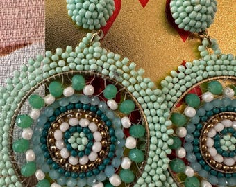 Mint Green Seed Bead Statement Earrings Boho Beaded Medallion Disc Earrings Coastal Boutique Jewelry
