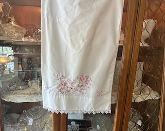 Vintage Embroidered Pillowcase Pink Birds Floral Lace Trim Cottagecore Bedding