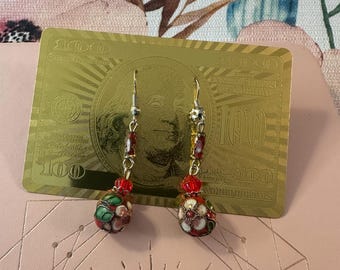 Vintage Cloisonné Floral Dangle Earrings Red Green Enamel Bead Boho Artisan Jewelry