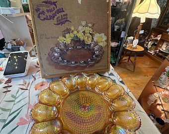 Vintage Iridescent Gold Carnival Indiana Glass Deviled Egg Relish Tray w/ Original Box