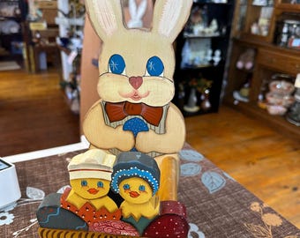 Hand-Painted Wooden Bunny & Chicks -  Folk Art Easter Decor – Vintage Style Spring Display