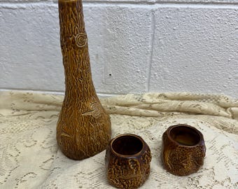 Vintage Bark Texture Pottery Decanter & 2 Mugs | Rustic Barware | MCM Style